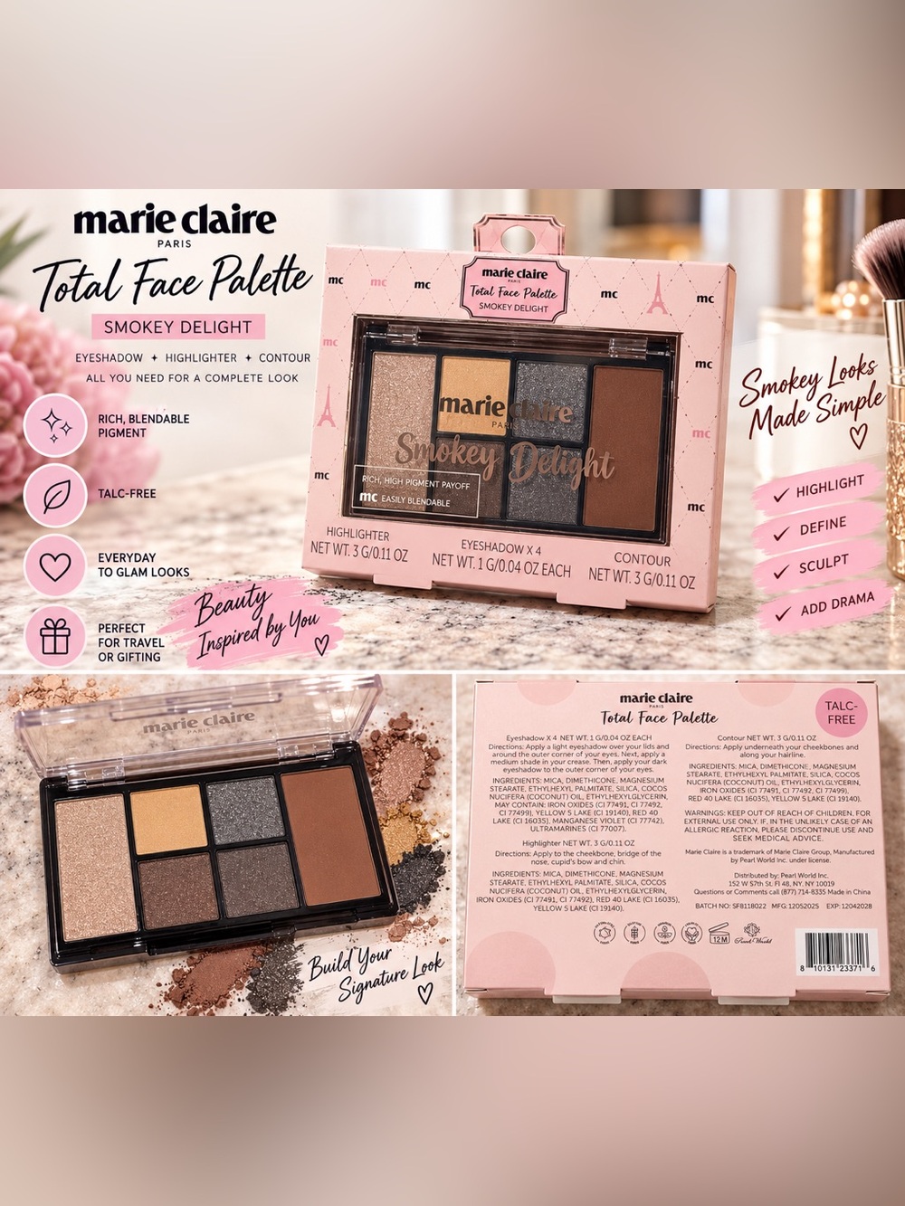 Marie Claire Total Face Palette — Smokey Delight in Brown & Gold NEW IN BOX